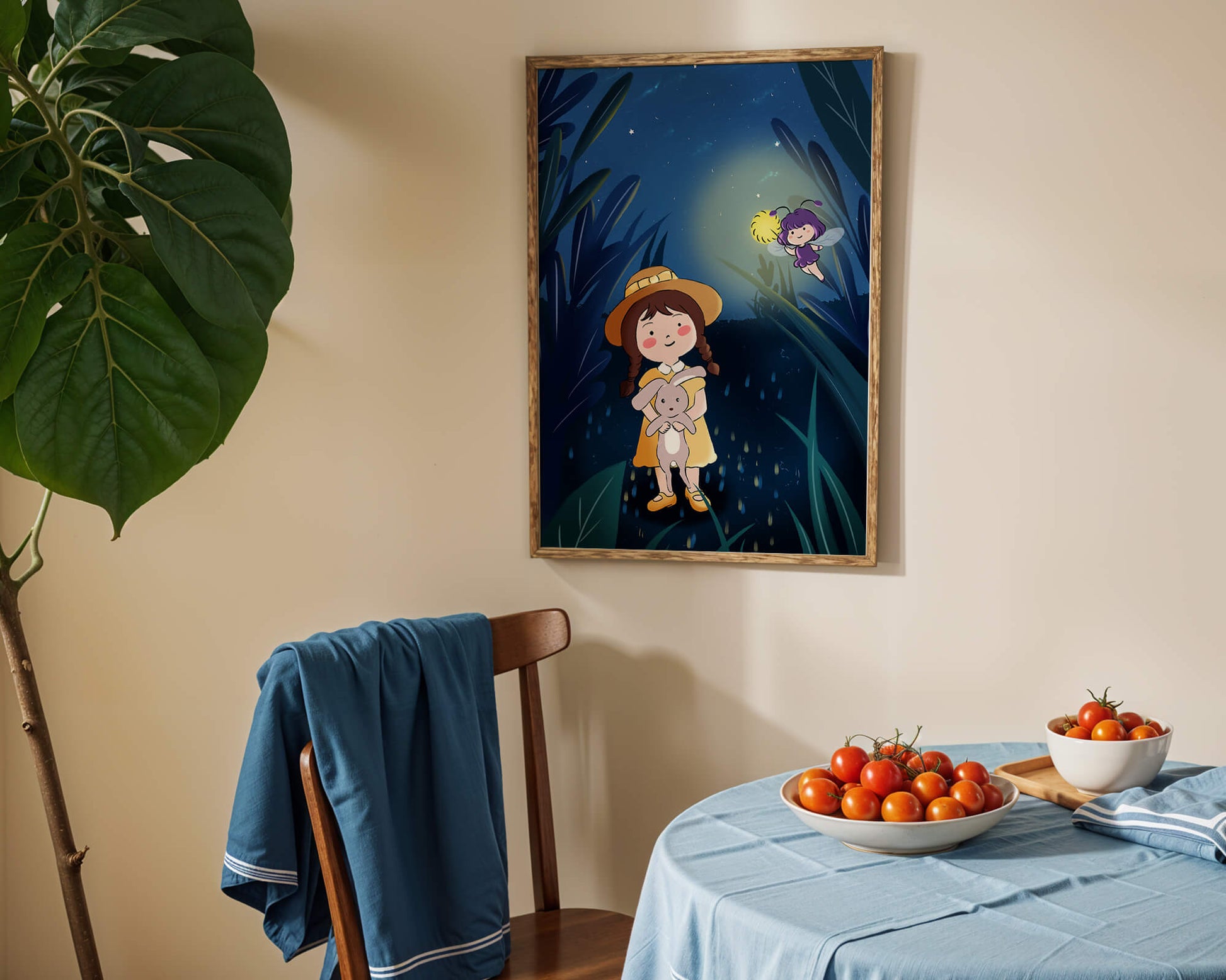 Ilustración de una chica en un bosque con una luciérnaga mágica por la noche