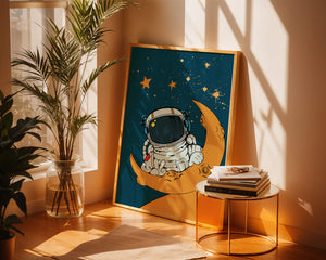Charming Astronaut Sitting on a Crescent Moon with Stars in Space - Mi tienda