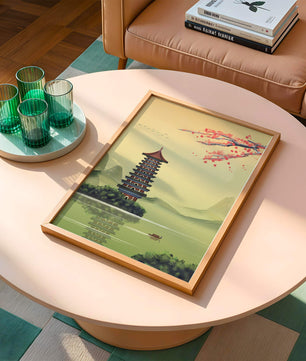 Serene landscape with traditional pagoda and blooming cherry blossoms