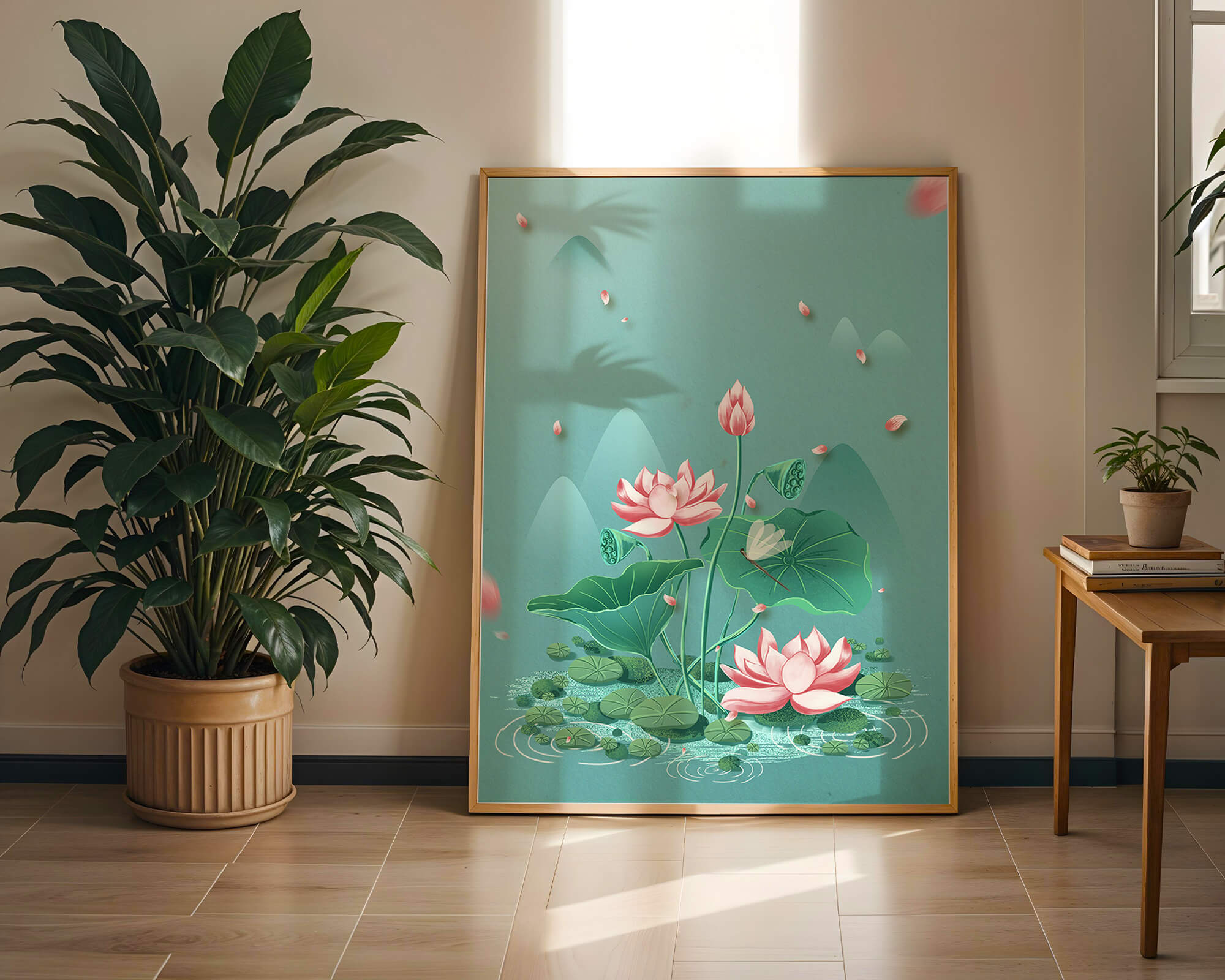 Serene illustration of lotus flowers in a tranquil pond setting with mountains