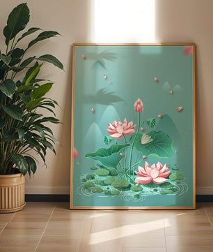 Illustration sereine de fleurs de lotus dans un étang paisible avec des montagnes