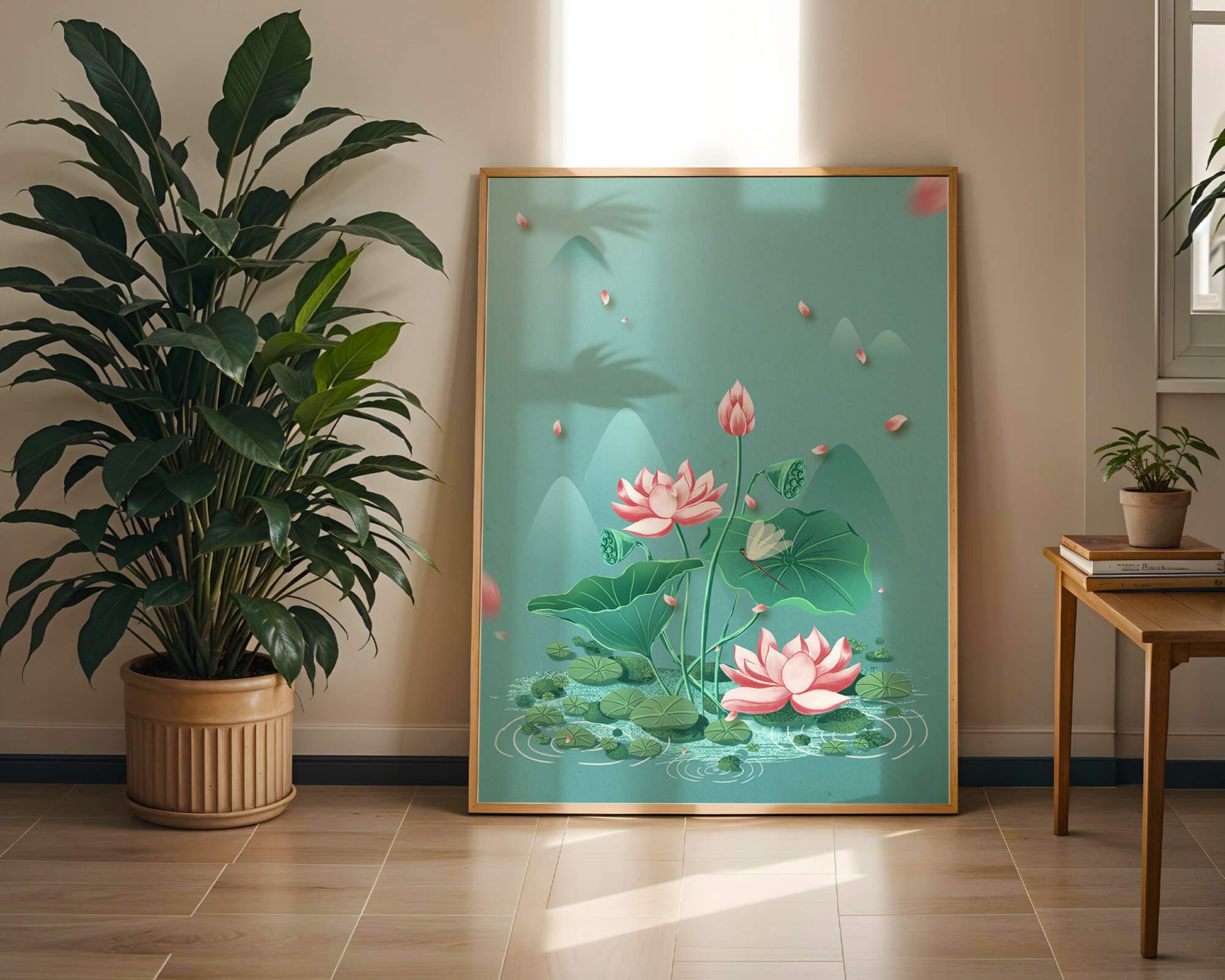 Serene illustration of lotus flowers in a tranquil pond setting with mountains