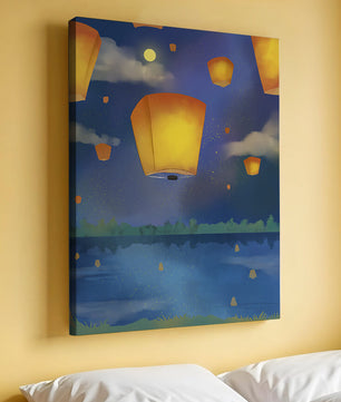Lanterns Floating in Night Sky over Reflective Lake