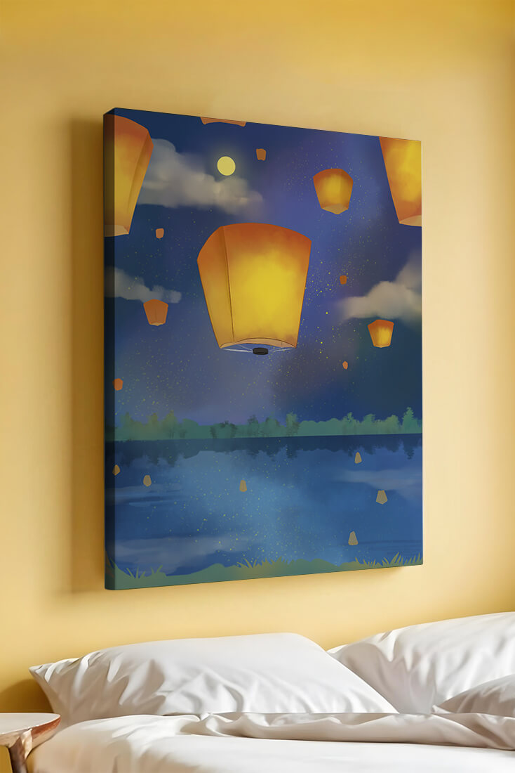 Lanterns Floating in Night Sky over Reflective Lake