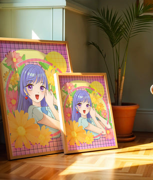 Anime-Mädchen mit leuchtenden Blumen und lila Haaren auf buntem Hintergrund