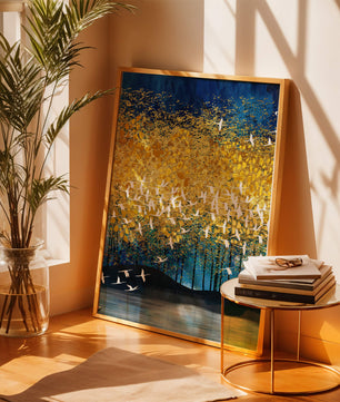 Vibrant Forest Landscape with Birds and Golden Leaves