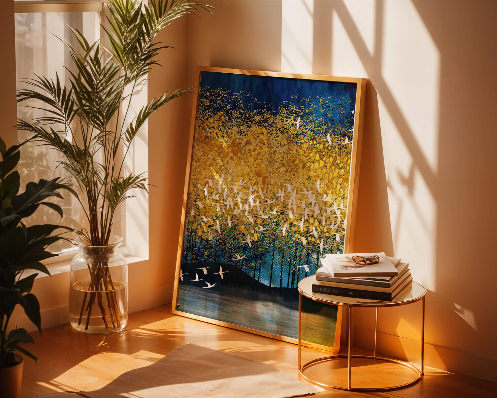 Vibrant Forest Landscape with Birds and Golden Leaves