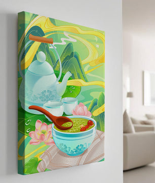 Tea ceremony with teapot and tea bowls amidst nature scenery