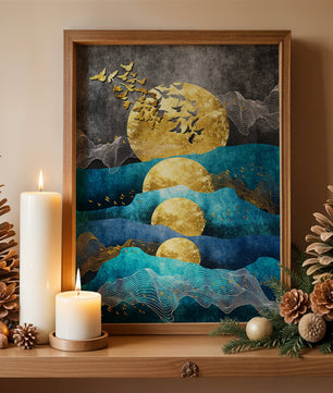 Abstract Landscape with Golden Sun and Flying Birds