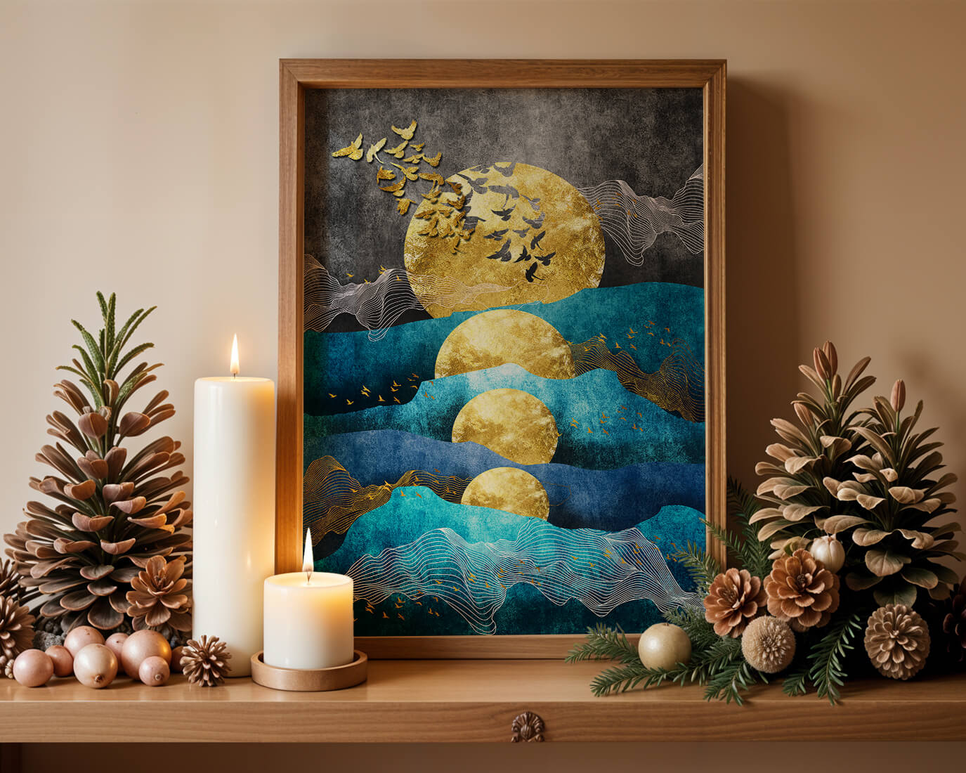 Abstract Landscape with Golden Sun and Flying Birds