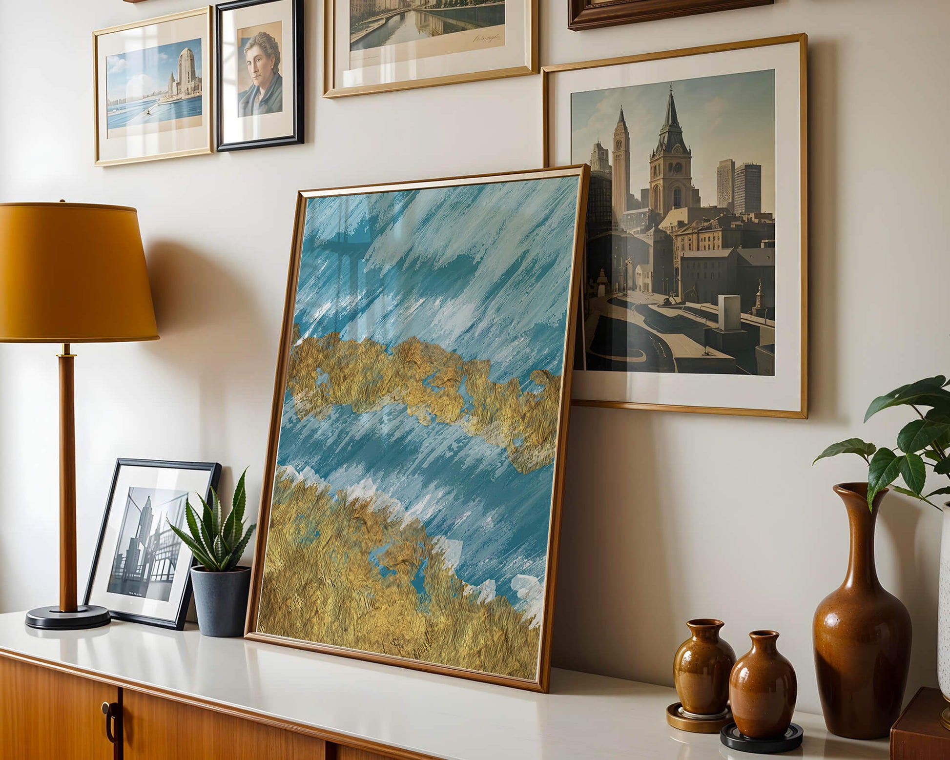 Abstract painting with gold texture and blue background