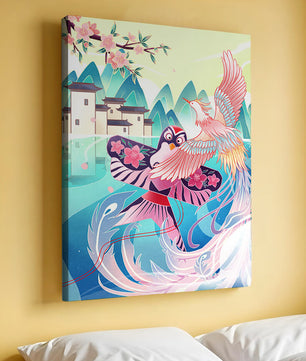 Illustration colorée d’oiseaux et de fleurs avec une architecture orientale