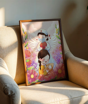 Escena ilustrada de un ángel de la salud con un niño y flores
