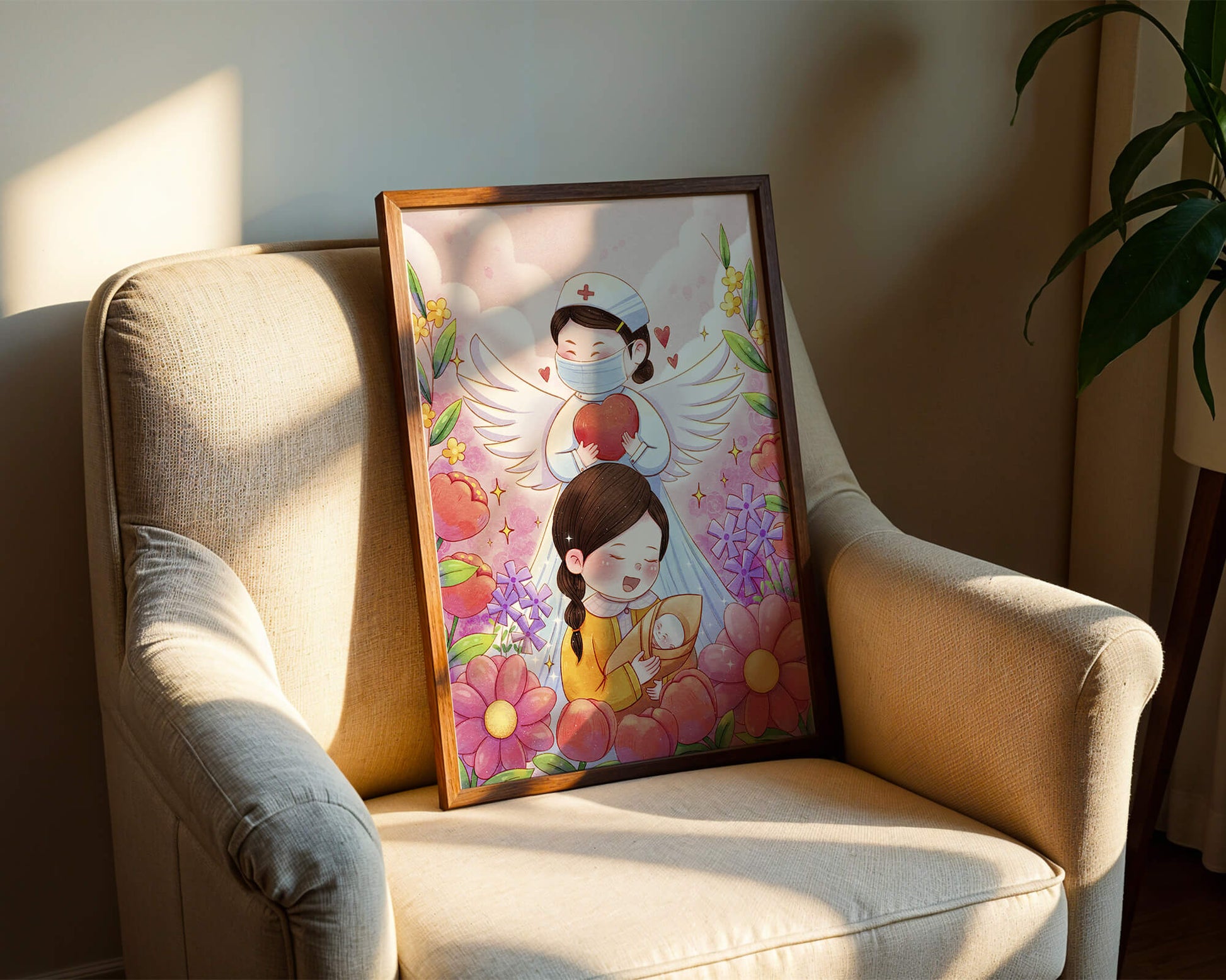 Illustrated scene of healthcare angel with child and flowers