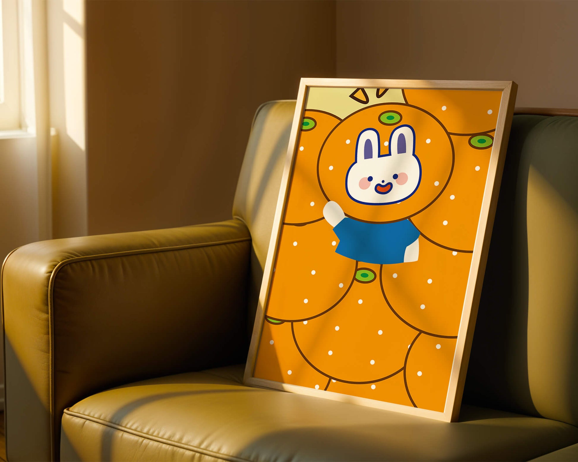 Whimsical illustration of a bunny surrounded by oranges