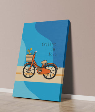Bicicleta colorida con un regalo en la cesta sobre fondo azul