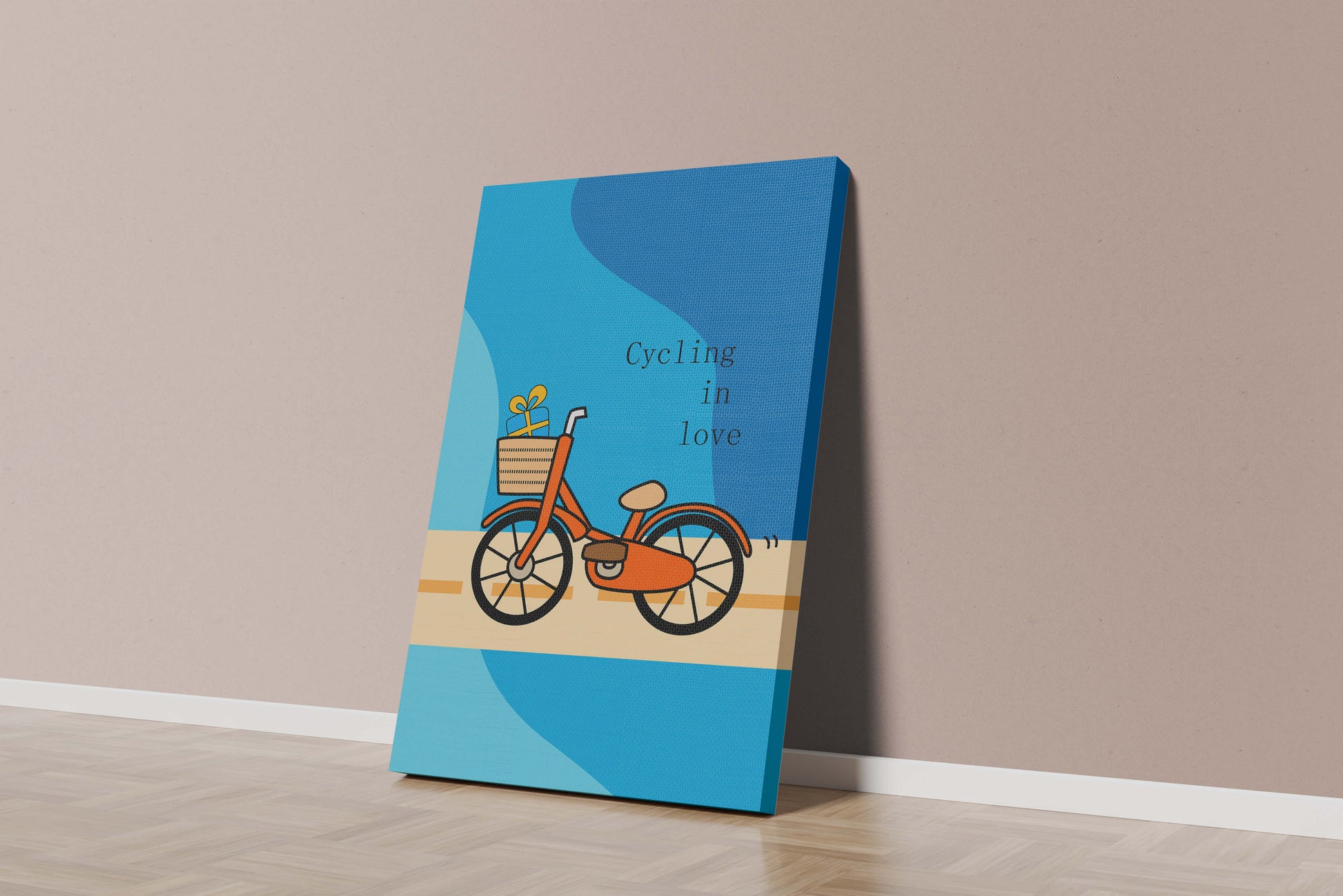Colorful bicycle with a gift in basket against blue background