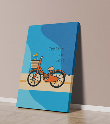 Colorful bicycle with a gift in basket against blue background