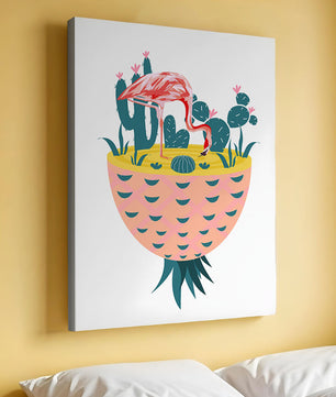 Ilustración de flamenco con cactus en jarrón de piña