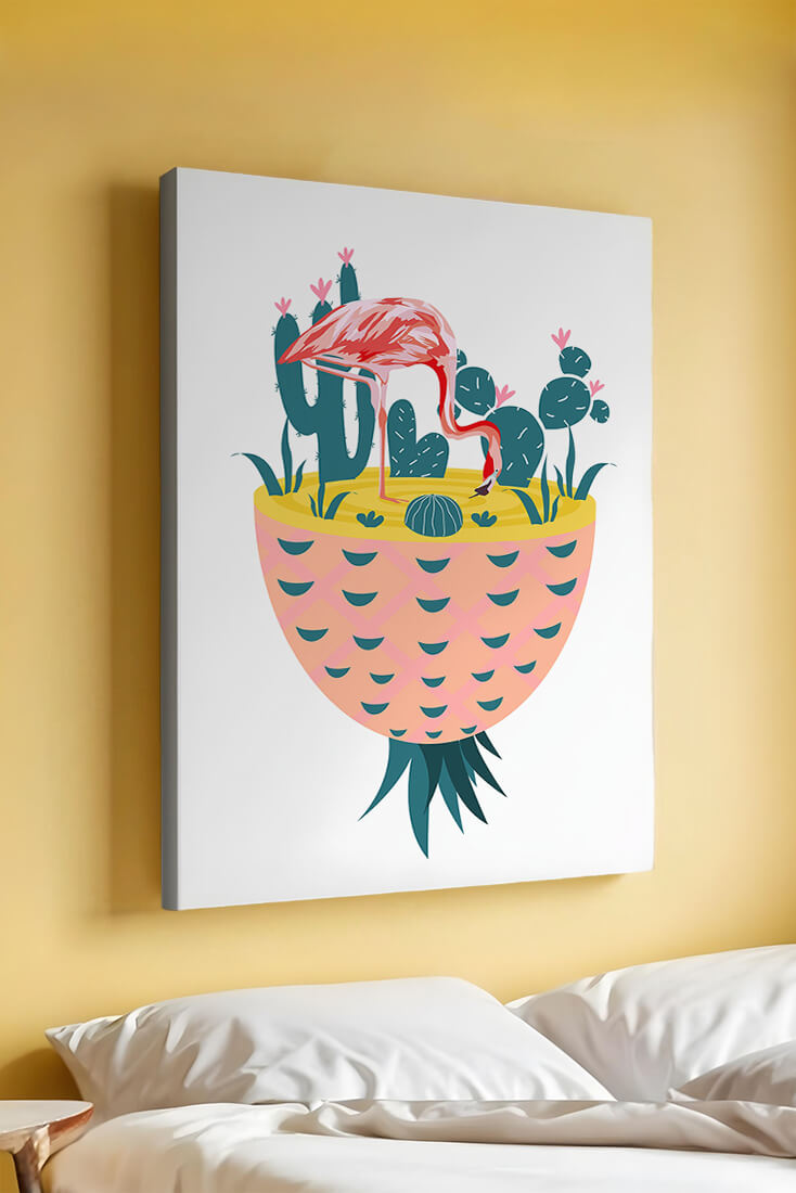 Ilustración de flamenco con cactus en jarrón de piña