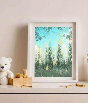 Serene Garden with Tall Green Leaves and Yellow Flowers Under Blue Sky