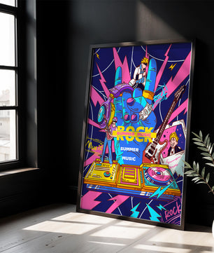Ilustración temática vibrante de música rock con instrumentos y artistas