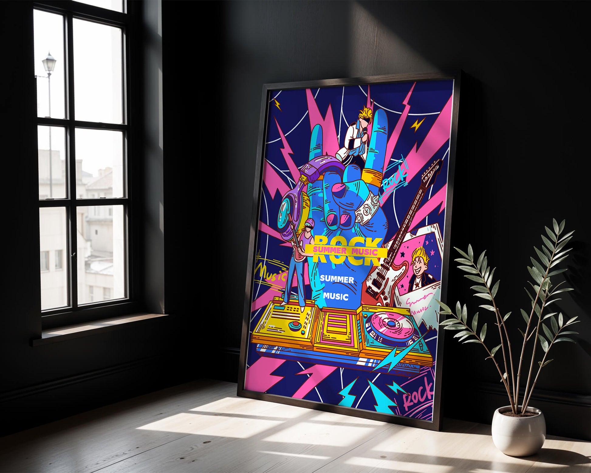 Ilustración temática vibrante de música rock con instrumentos y artistas