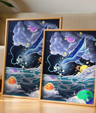 Astronaut Exploring a Surreal Cosmic Ocean with a Glowing Whale