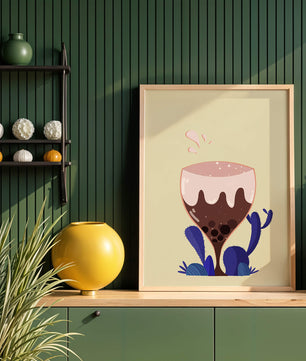 Illustration eines skurrilen Weinglases mit Flüssigkeitsspritzern und violetten Pflanzen