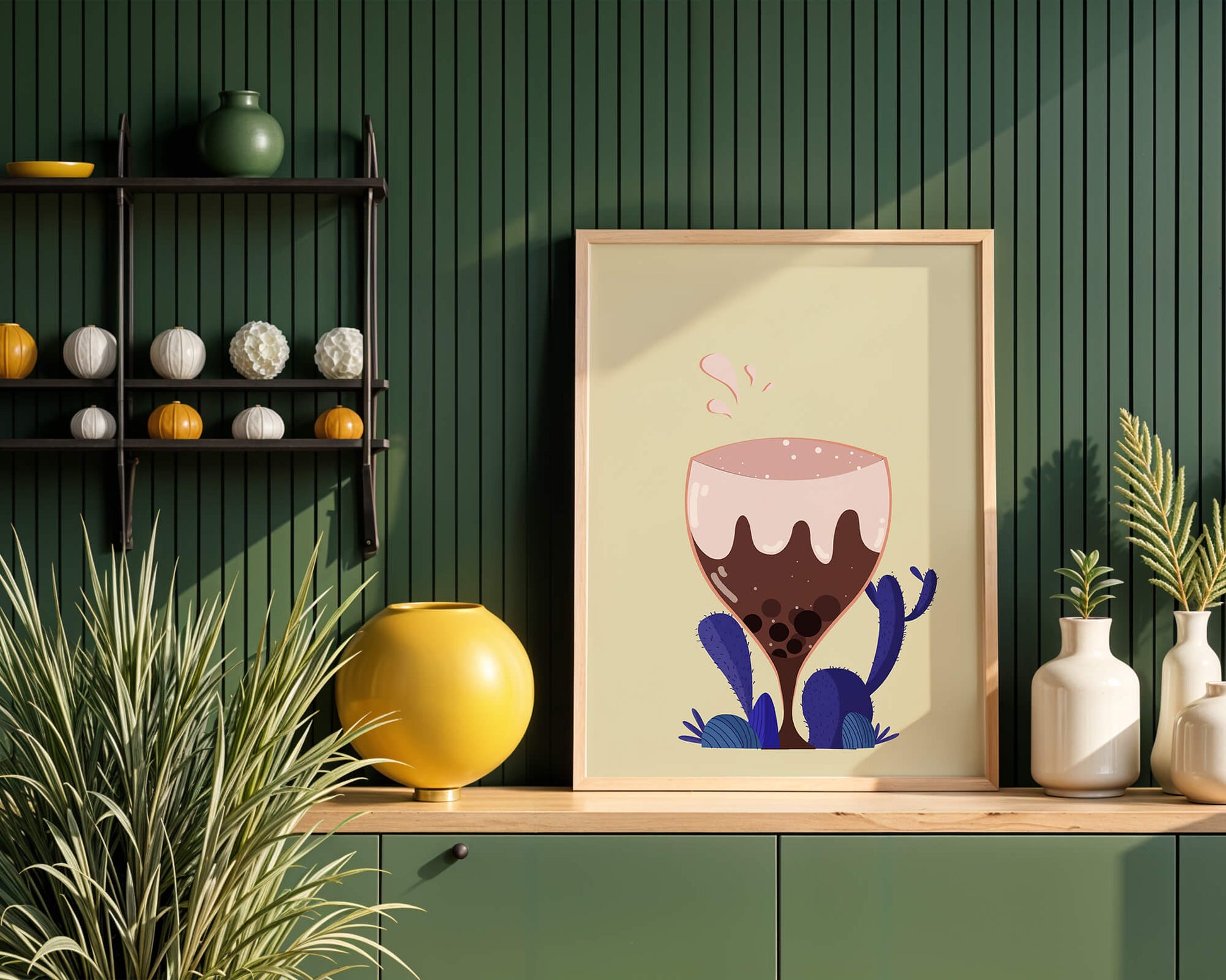 Illustration of a whimsical wine glass with liquid splash and purple plants