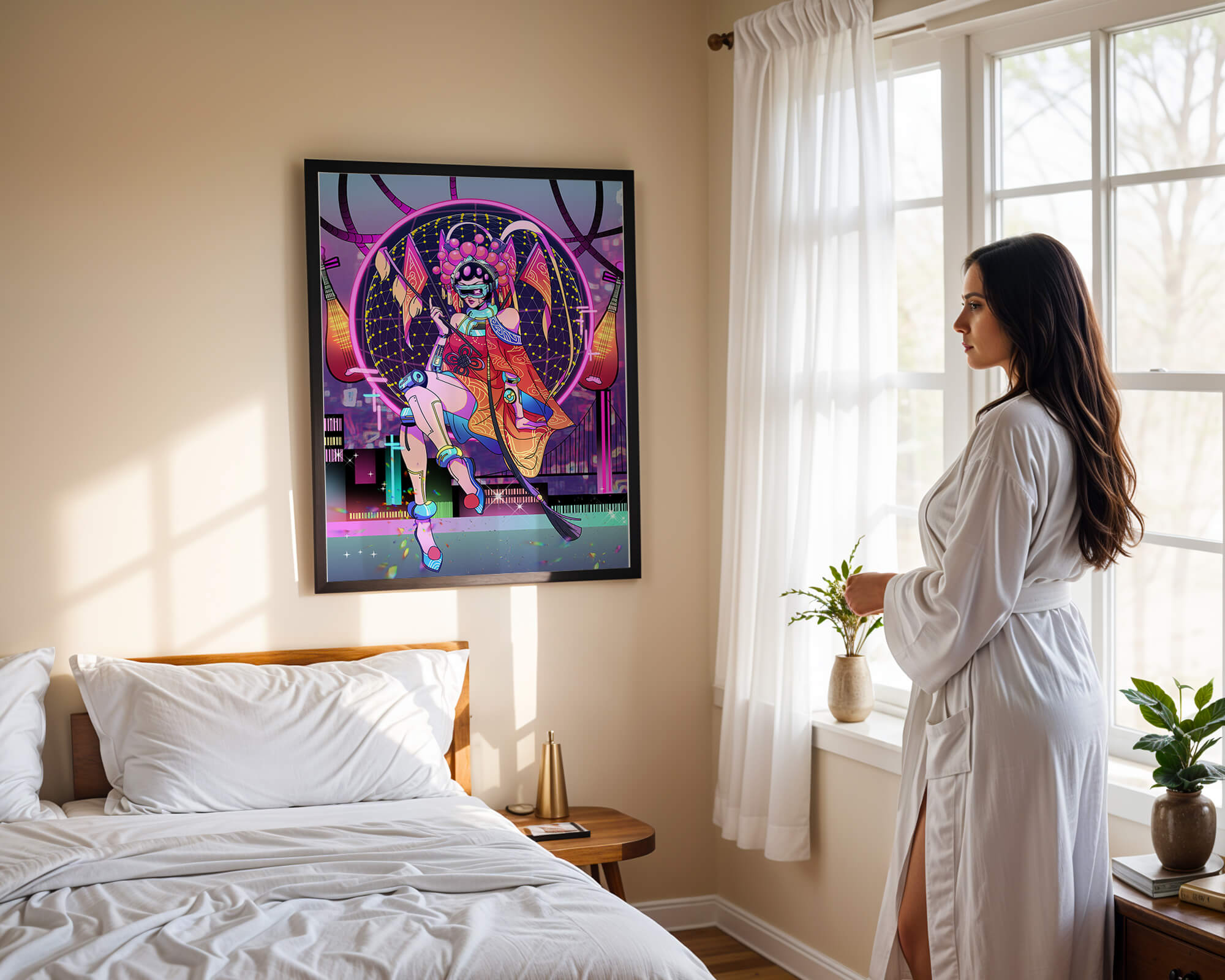 Futuristic geisha with neon lights and traditional elements