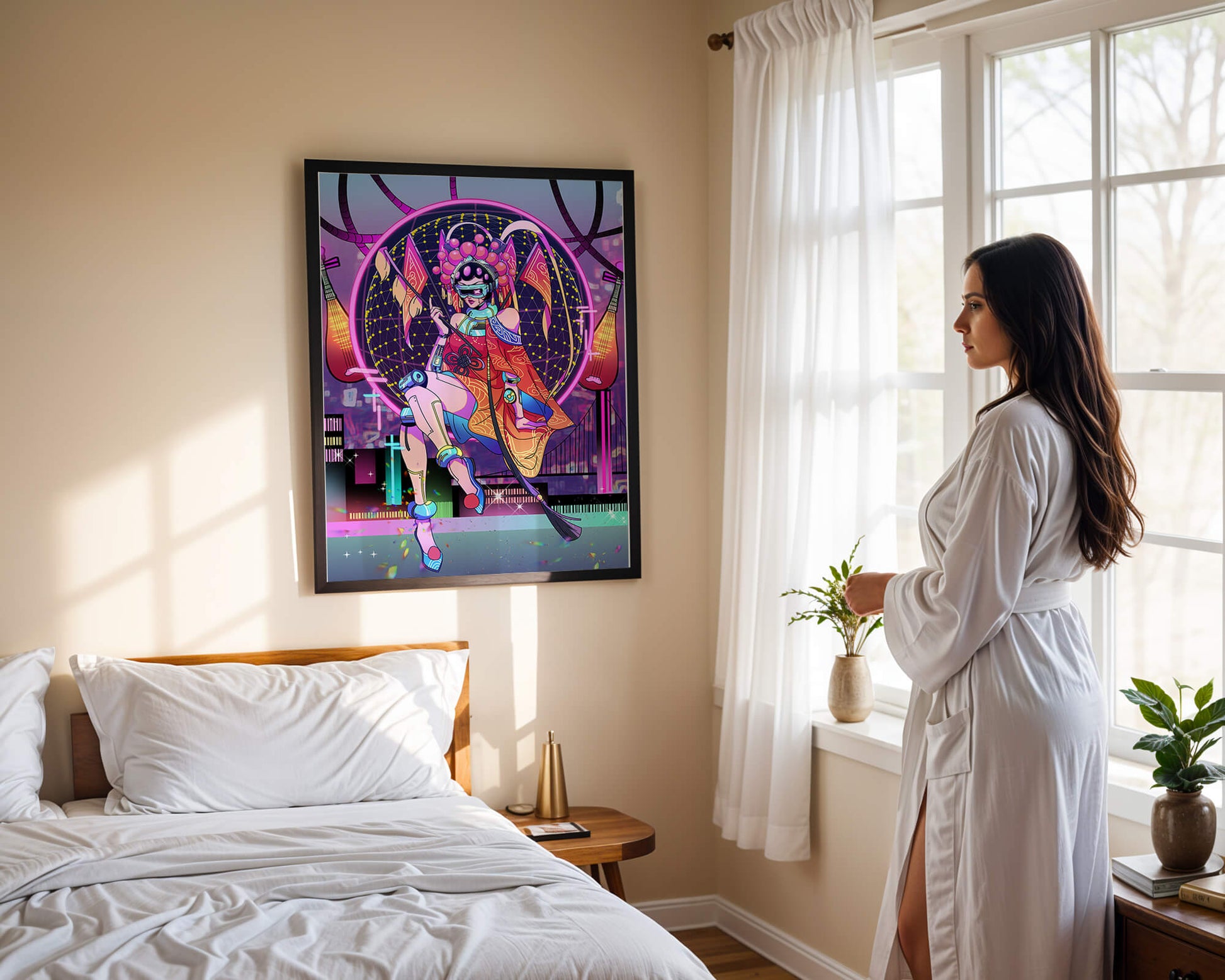 Futuristic geisha with neon lights and traditional elements