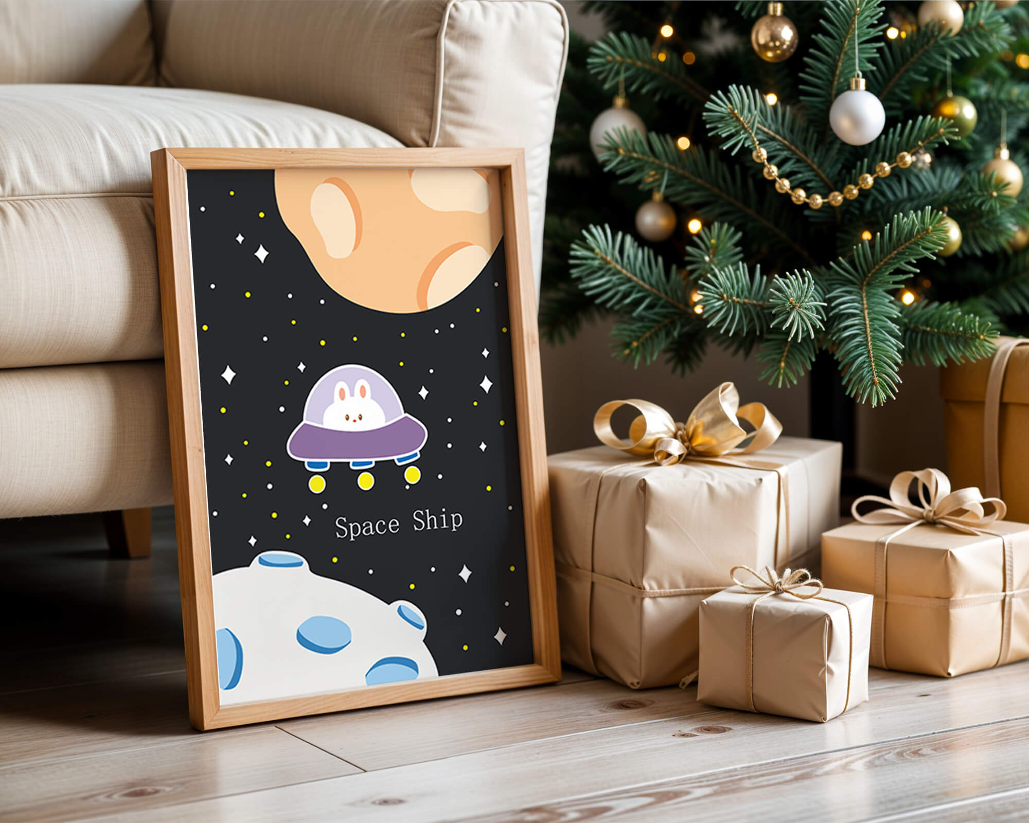 Cute bunny in spaceship with planets and stars in space illustration
