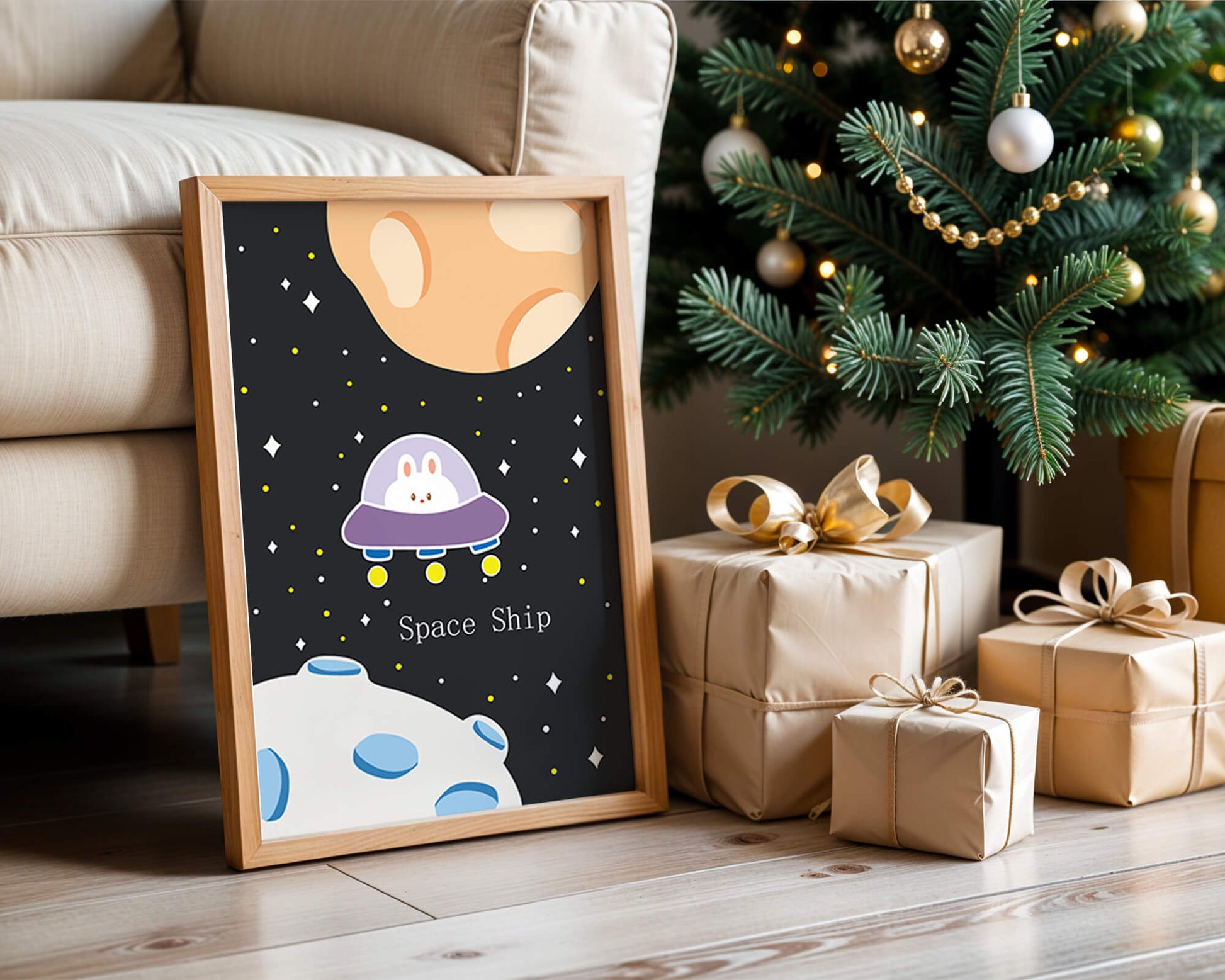 Cute bunny in spaceship with planets and stars in space illustration