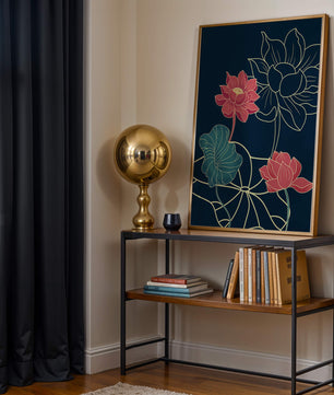 Vibrant Lotus Flowers on Dark Background with Gold Outline