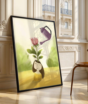 Ilustración de una chica con una flor creciendo de su cabeza siendo regada