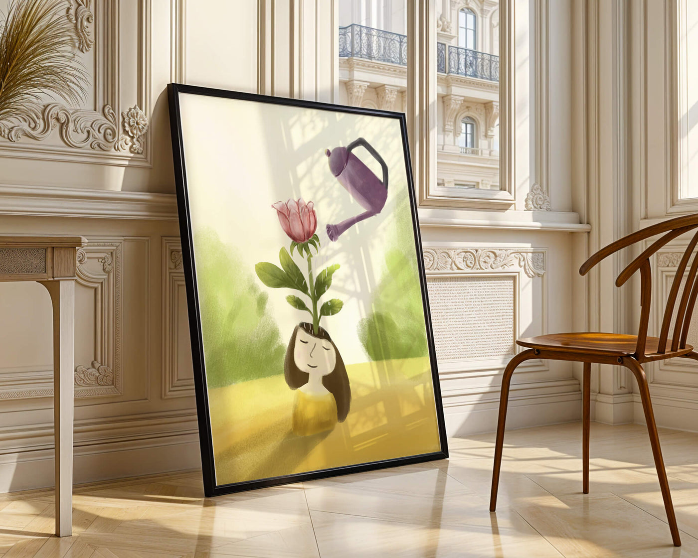 Illustration of a girl with a flower growing from her head being watered