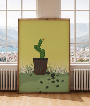 Illustration of a potted cactus with flower on soft background