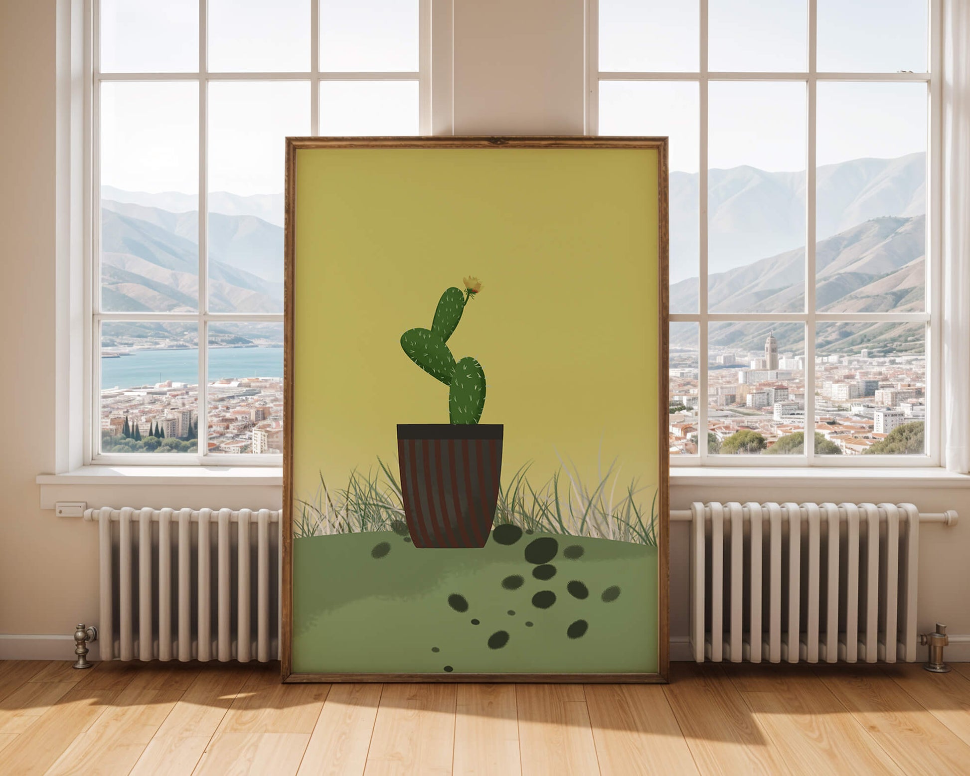 Illustration of a potted cactus with flower on soft background