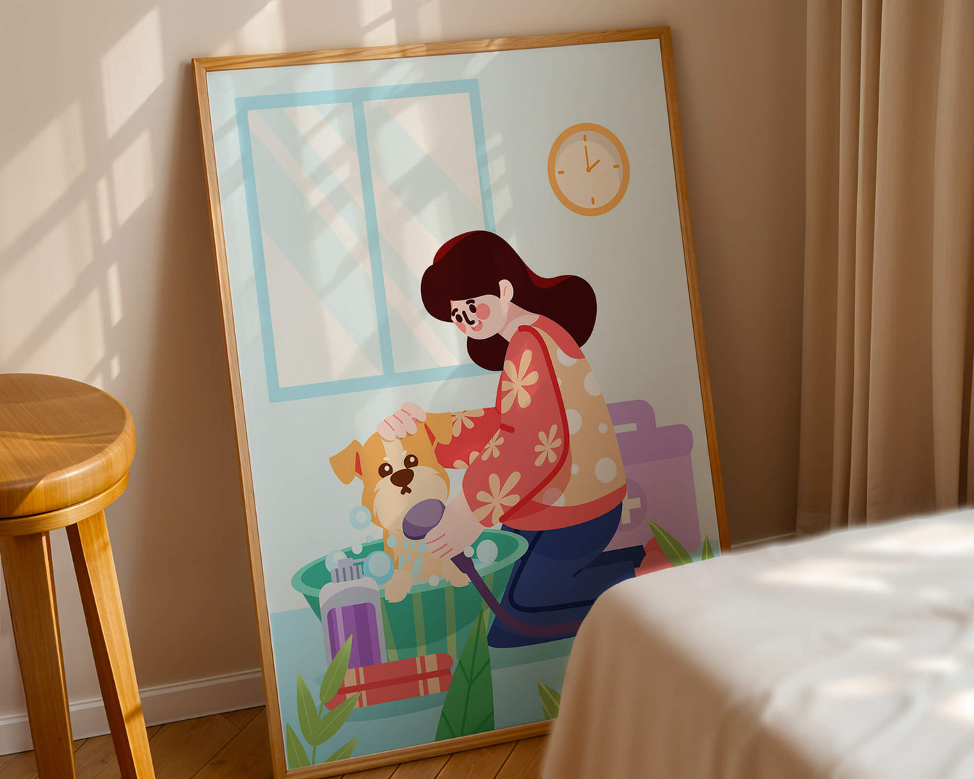 Woman giving a bath to a dog in a colorful bathroom setting