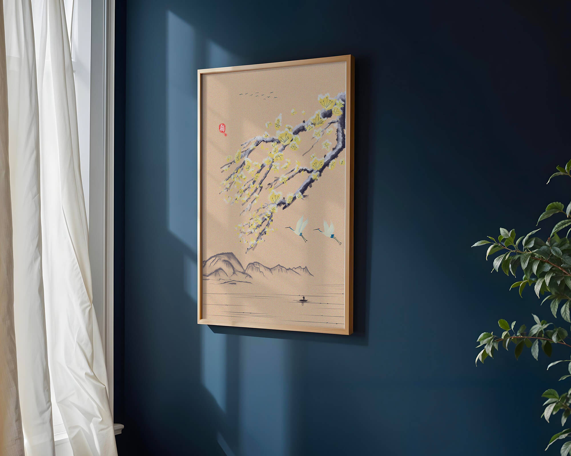 Tranquil landscape with blooming branches and flying cranes