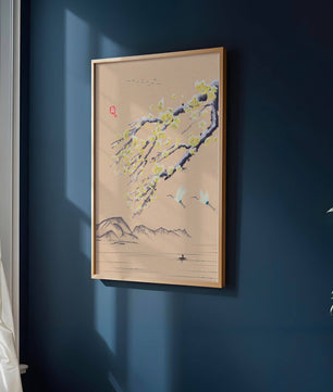 Tranquil landscape with blooming branches and flying cranes