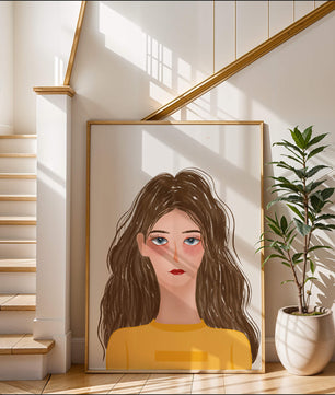 Illustrated portrait of a woman with long brown hair and expressive eyes