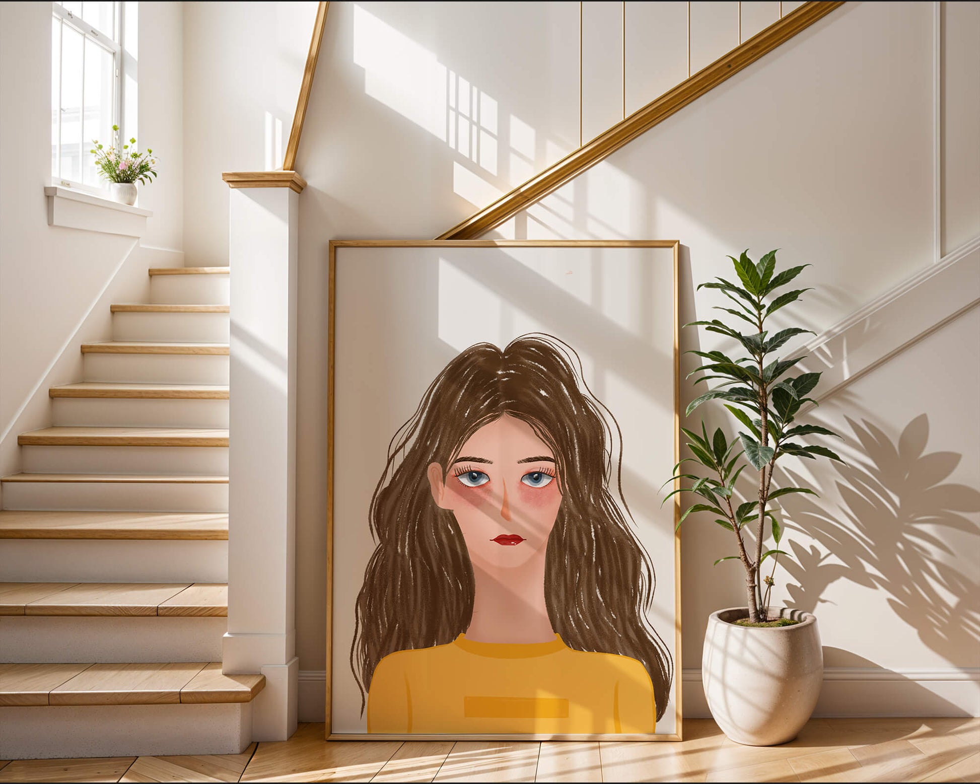 Illustrated portrait of a woman with long brown hair and expressive eyes