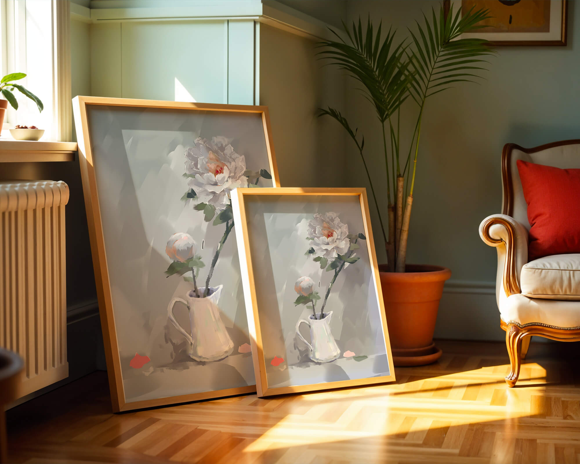 Elegant white peonies in a ceramic jug with soft pastel background