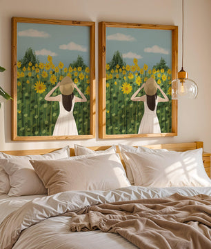 Mujer con vestido blanco admirando un campo de girasoles