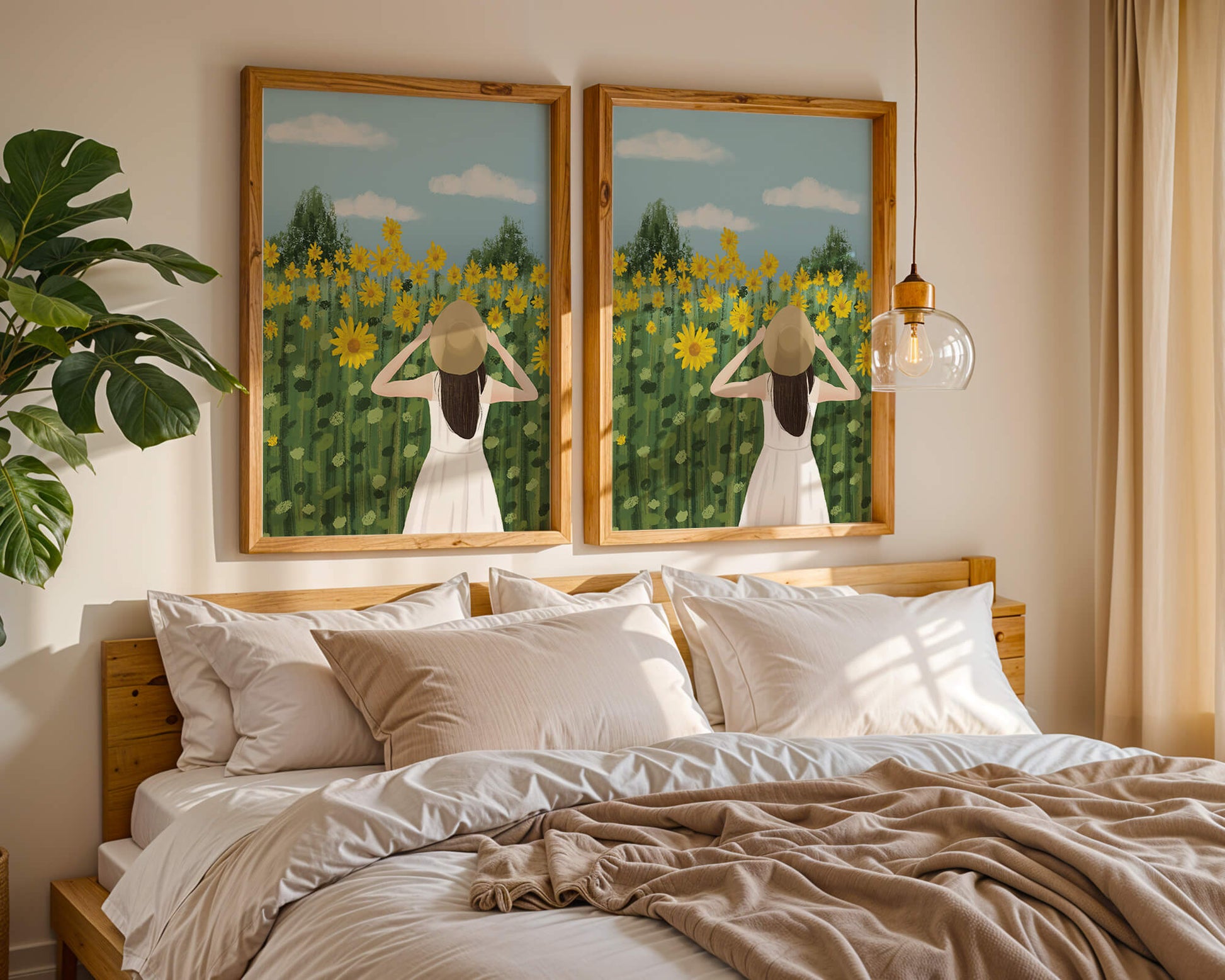 Mujer con vestido blanco admirando un campo de girasoles