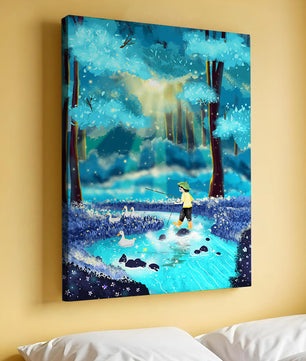 Colorful forest scene with a child and ducks by a stream