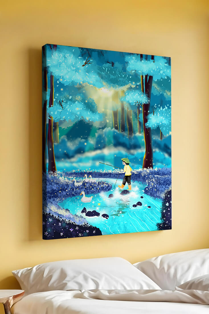 Colorful forest scene with a child and ducks by a stream