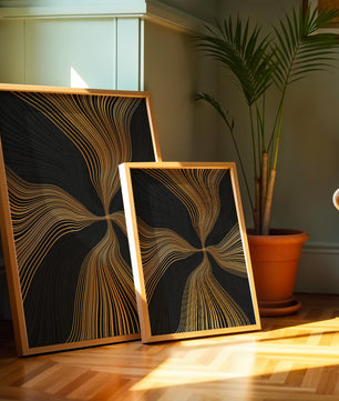 Líneas doradas abstractas sobre fondo negro con flujo dinámico